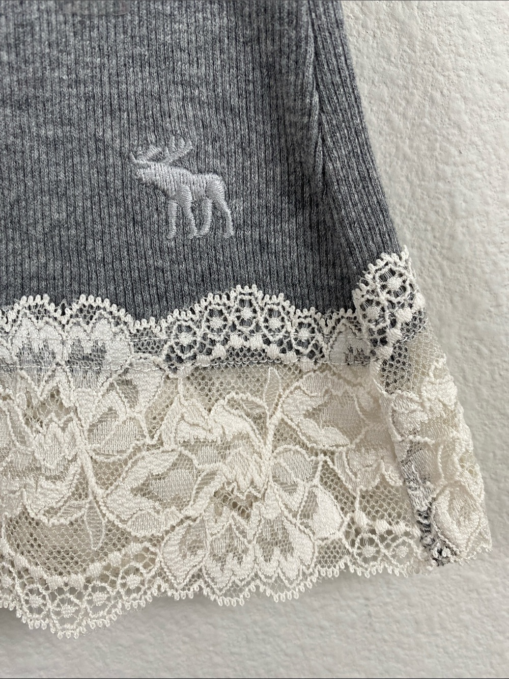Abercrombie & Fitch Lace Embroidered Ribbed Camisole/Tank Top | Gray/Ivory - Picture 12 of 16